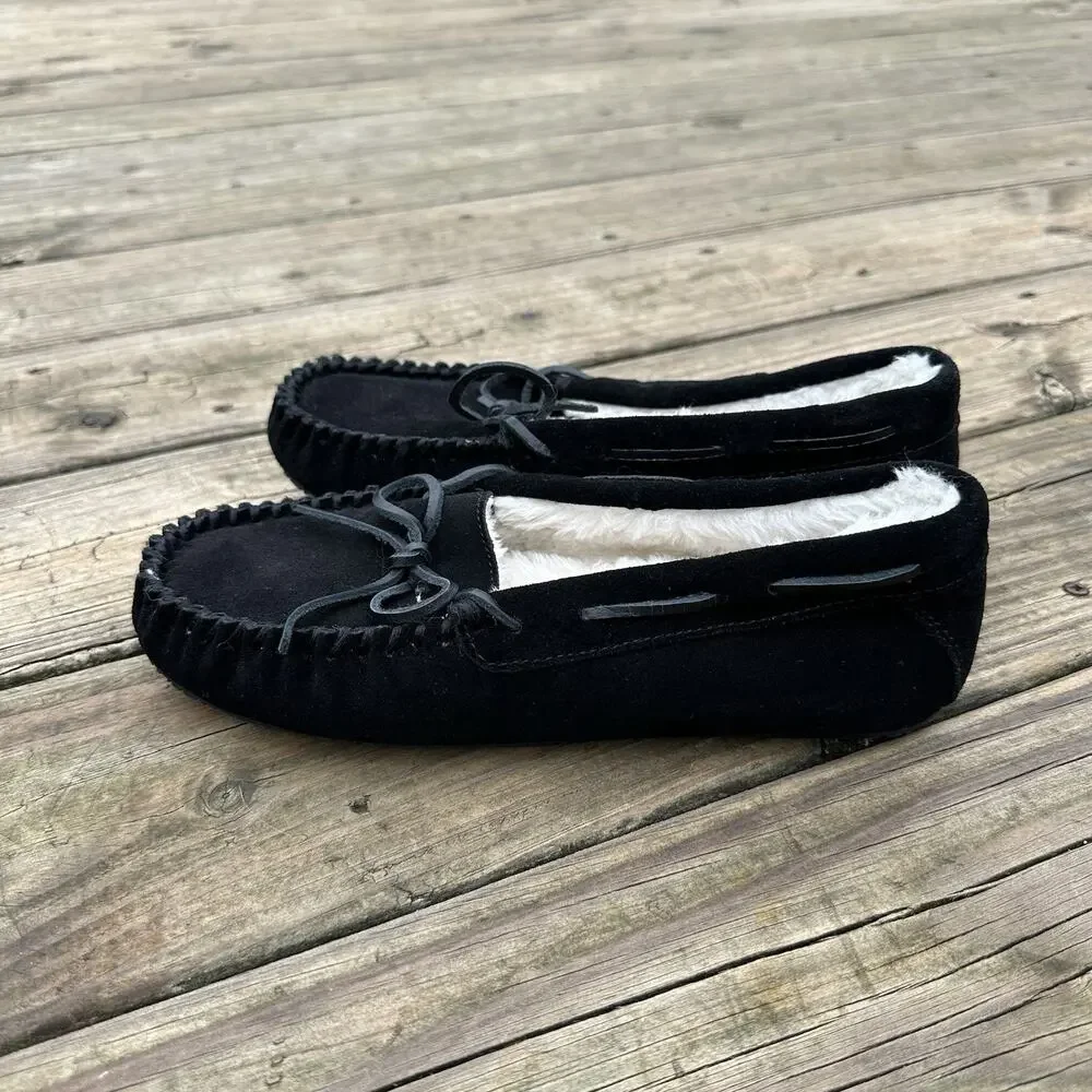 Minnetonka Moccasins Womens Size 9 Black Suede Faux Fur Fuzzy Slip On Loafers
